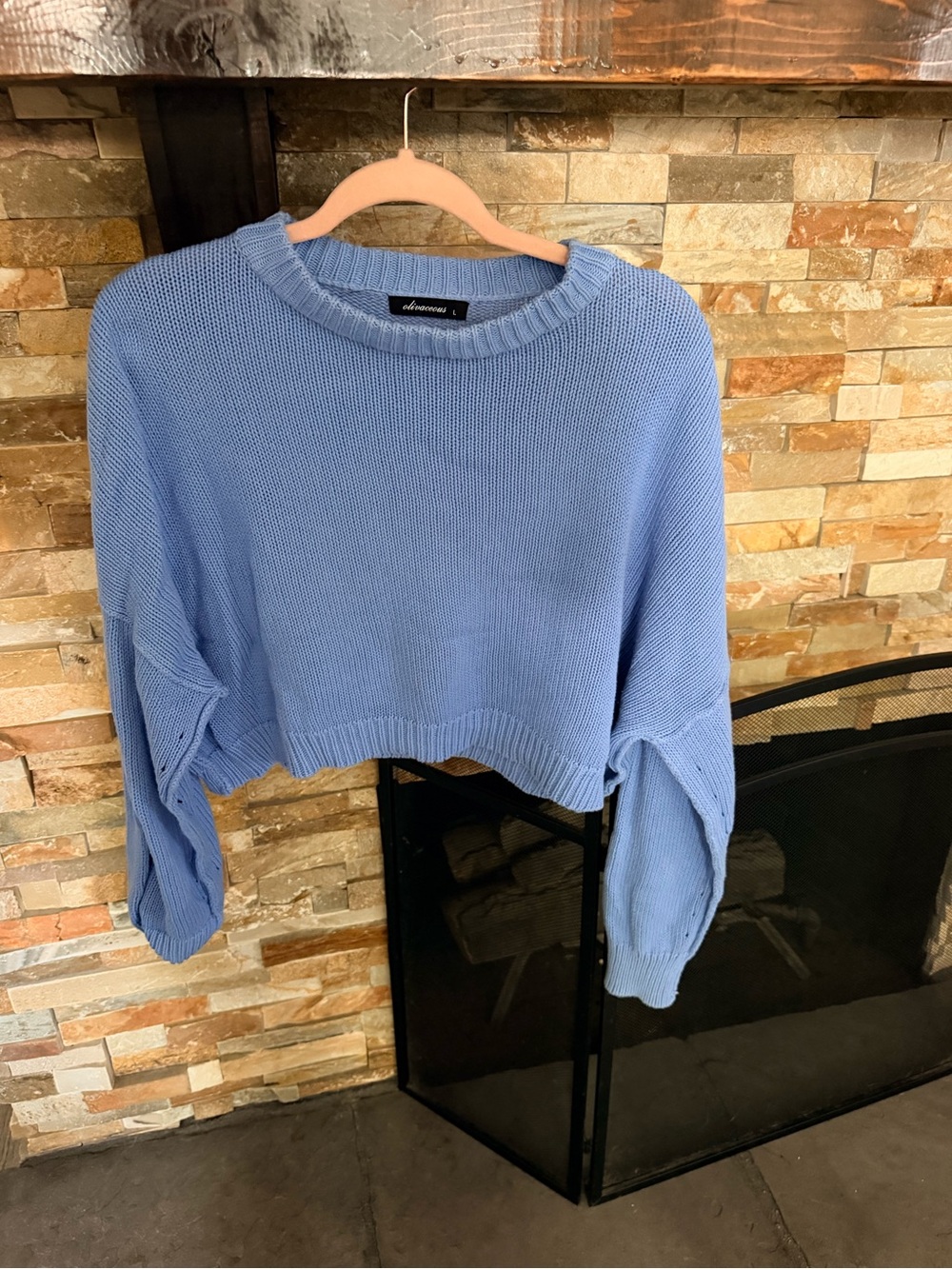 100%cotton Light Blue Cropped Knit Sweater - Women